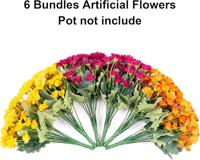 Daisy Artificial Flowers for Outdoors Fall Autumn Decoration, 6 Bundles Fake Mums Silk Flowers for Outside Look Real UV Resistant Fake Plants Faux Flowers for Planter Front Door Home Indoor Porch, Mix