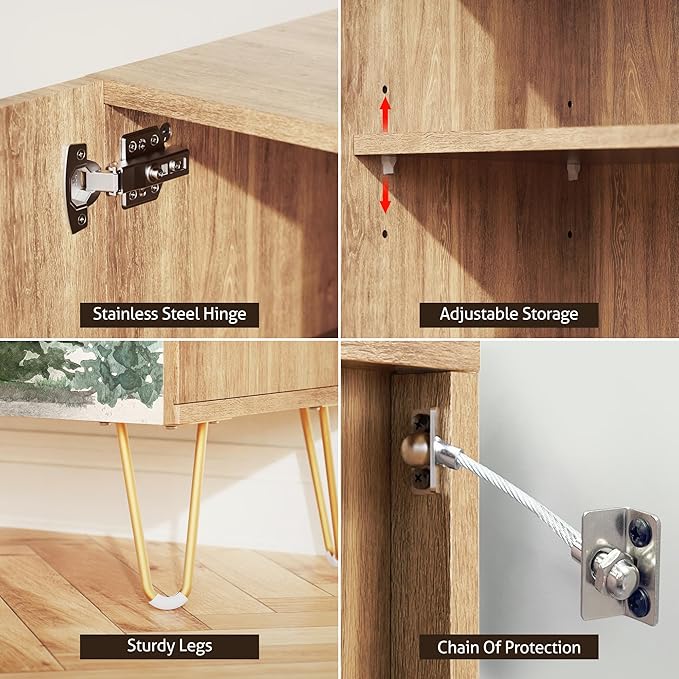 SIGNWIN Sideboard Buffet Cabinet, Kitchen Storage Cabinet with 2 Doors, Pastel Watercolor Mountain Forest, Cupboard Console Table for Dining Room - 35" L x 18" W x 29" H