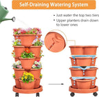 VECELO 5 Tier Vertical Garden Planter, Self Watering Stackable Planters with Wheels for Strawberries, Herbs, Flowers, Vegetables, Red