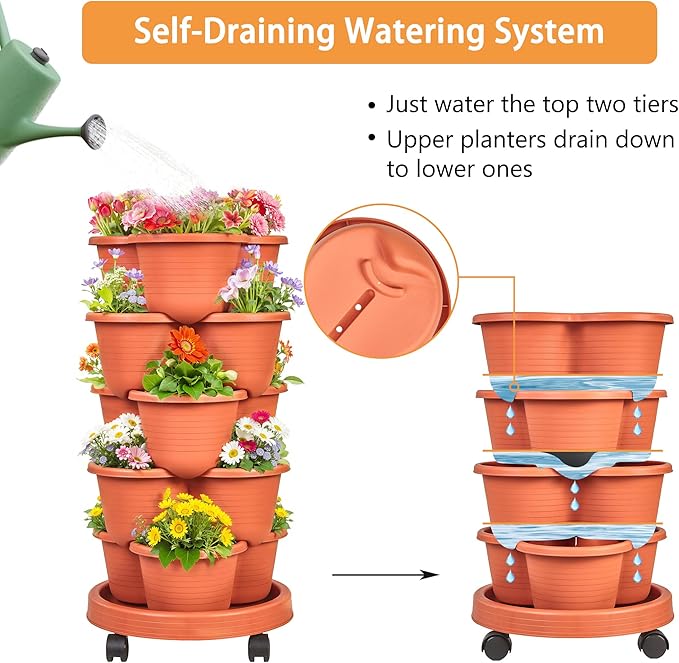 VECELO 5 Tier Vertical Garden Planter, Self Watering Stackable Planters with Wheels for Strawberries, Herbs, Flowers, Vegetables, Red