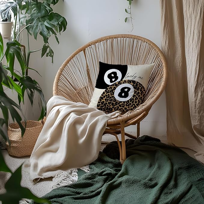 Coquette Pink Bow Leopard Print Lips Lucky 8 Ball Throw Pillow Covers 18x18, Cheetah Room Decor, Funky Y2K Leopard Print Decorative Pillow Covers for Girls Room Dorm Apartment Home