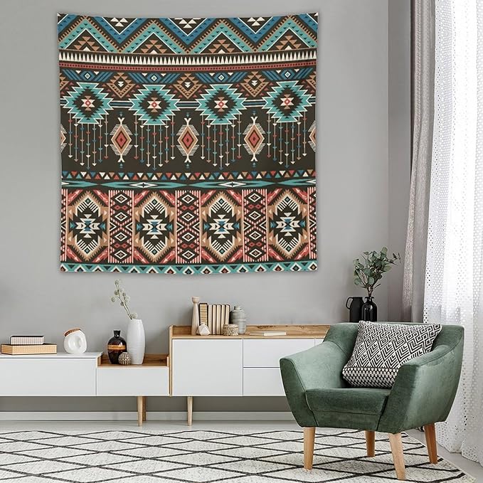 HZOHNAGO Aztec Tapestry Turquoise Blue and Brown and Native American Tribal Pattern Printed Wall Tapestry Wall Hanging for Bedroom Living Room Dorm 60" W x 60" H