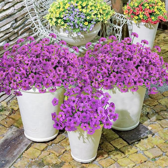 Krissing 48 Bundles Outdoor Artificial Flowers UV Resistant Fake Silk Flowers Faux Plastic Plants Outside Garden Porch Window Box Summer Decoration (Purple)