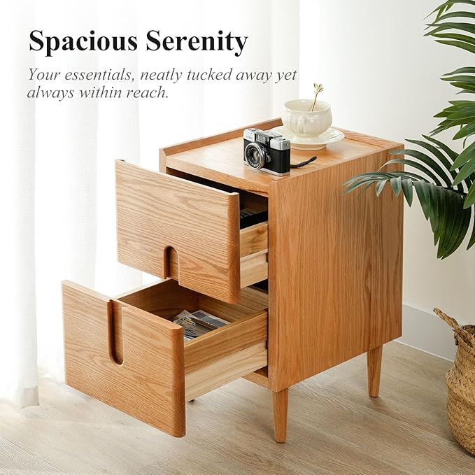 Narrow Nightstand, Mid Century Modern Nightstand, Solid Wood Bedside Table, Side Table witn Drawers (Natural, 11.81inches)