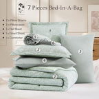 Full Comforter Set -7 Pieces Green Floral Comforter Set for All Seasons, Bed in a Bag Full with Botanical Flowers Comforter, Sheets, Pillowcases & Shams