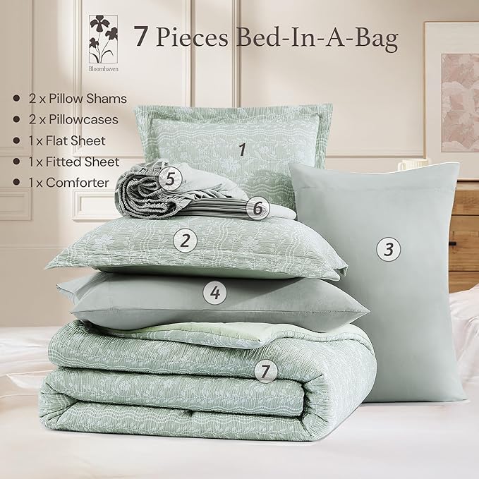 Full Comforter Set -7 Pieces Green Floral Comforter Set for All Seasons, Bed in a Bag Full with Botanical Flowers Comforter, Sheets, Pillowcases & Shams