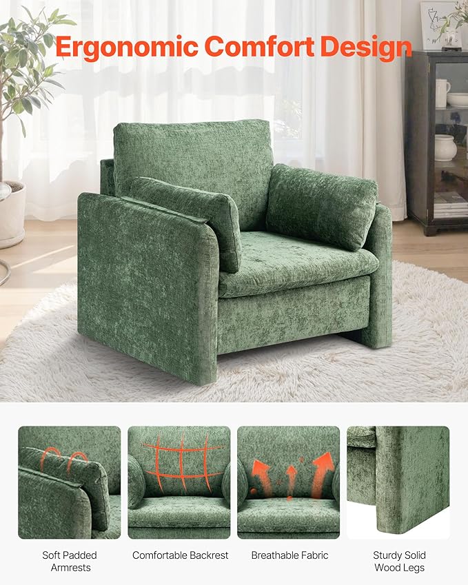 VEVOR Oversized Accent Chair, Armchair with Padded Arms, Comfy Single Sofa Chair, Modern Reading Lounge Chairs for Living Room, Bedroom, Green