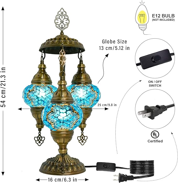 Mozaist Turkish Mosaic Lamp – Moroccan Handmade 3 Globe Table Light with Bulb (Sea Blue)