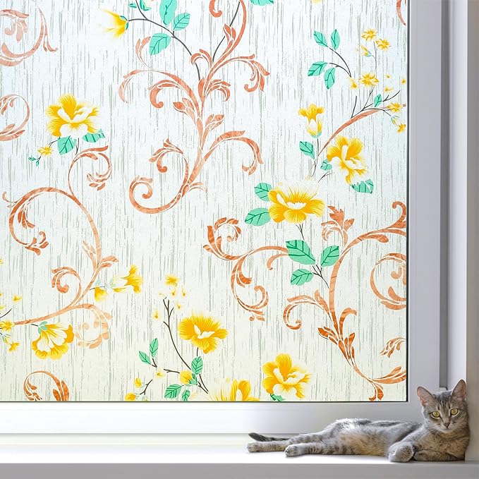 Volcanics Stained Glass Window Film, Frosted Glass Window Privacy Film, Decorative Window Clings, Floral Design Static Cling Sun Blocking Tint for Bathroom, 17.5 x 78.7 Inch