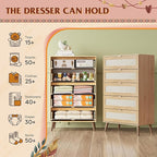 WLIVE Rattan Dresser for Bedroom, 5 Drawer Wood Boho Dresser Storage with Gold Metal Handle, Chest of Drawers for Living Room, Closet, Hallway, Light Oak