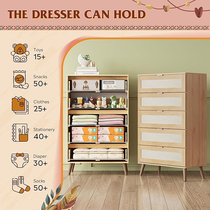 WLIVE Rattan Dresser for Bedroom, 5 Drawer Wood Boho Dresser Storage with Gold Metal Handle, Chest of Drawers for Living Room, Closet, Hallway, Light Oak