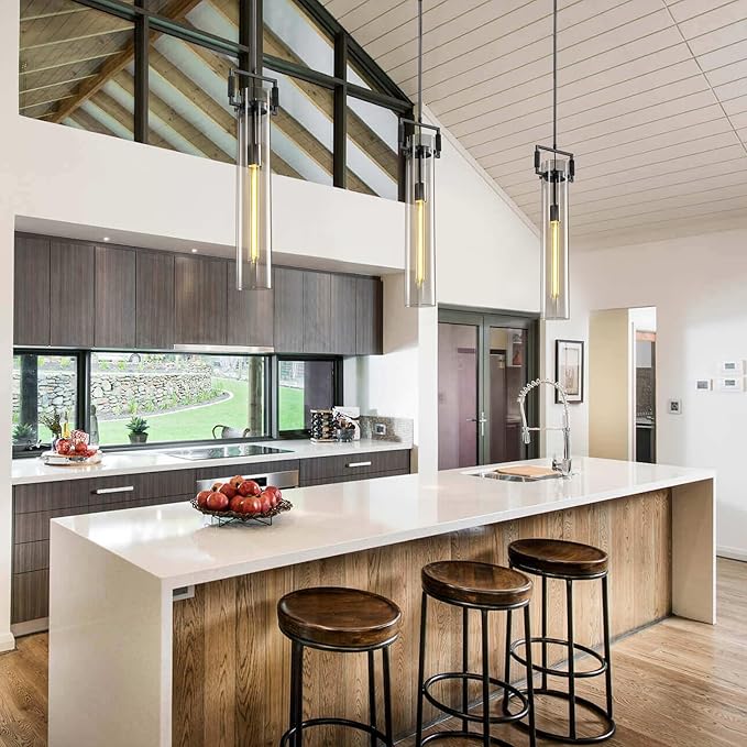 Modern Black Pendant Light, 21.6'' kitchen pendant lighting over island, Adjustable Height Glass Pendant Light Fixtures Large Pendant Lights Kitchen Island, for Dinning Room Farmhouse Bedroom Bathroom