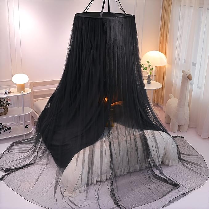 VETHIN Double Layer Princess Round Dome Canopy Bed Curtain for Girls Adults,Children Dreamy Mosquito Net,Cute Bedroom Decoration Castle Play Tent Reading Nook Canopies(Dome-Double Black)