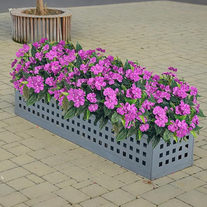 Artificial Impatiens Bouquet Flowers for Outdoors Silk Faux Flowers for Outdoor Impatiens Plants Decor Indoor Planters Kitchen Planters and Balcony Decorations 4PCS (Purple)