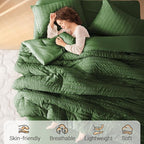 MUXHOMO 7 Pieces King Comforter Set, Seersucker Bed in a Bag King Size, All Season Luxury Bedding Set with Comforter, Flat Sheet, Fitted Sheet, Pillowcases & Shams, Dark Green