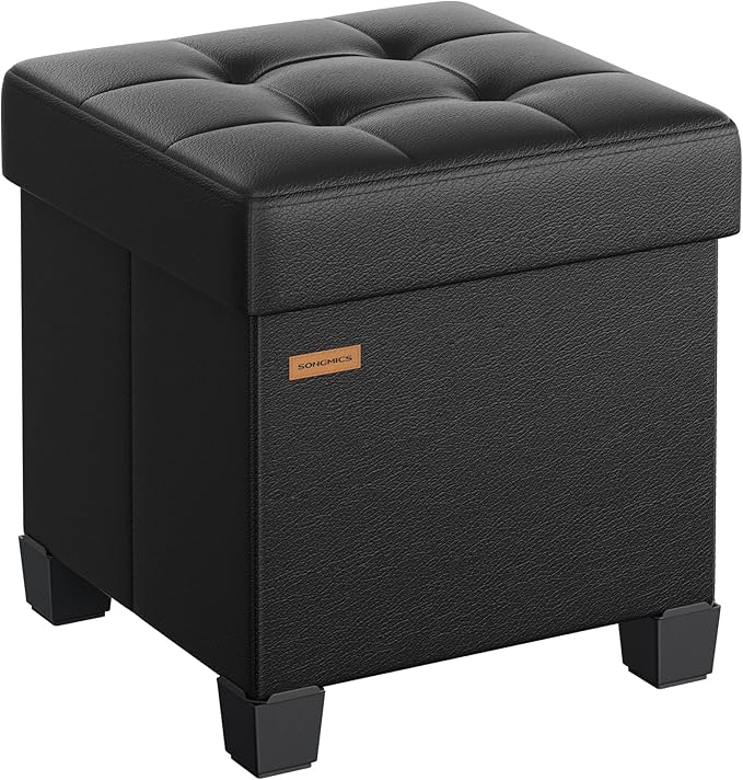SONGMICS Storage Ottoman, Cube Ottoman with Legs, 15 x 15 x 15.7 Inches, Footstool, Footrest, 10 Gal. (37 L), Synthetic Leather, for Bedroom, Living Room, Dorm, Ink Black ULSF0512B02