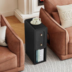 Narrow Nightstand with 2 Drawers, Small Bedside Tables, Mid-Century Modern Slim Night Stand with Storage, Wooden End Table for Small Spaces, Bedroom, Living Room (Black-1PCS)