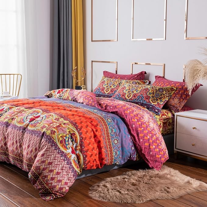 ABREEZE Bohemian Duvet Cover Set Colorful Orange Boho Retro Bedding Set Damask Paisley Cotton Duvet Cover Tribal Reversible Bedding Exotic Style Comforter Cover 3-Piece Queen