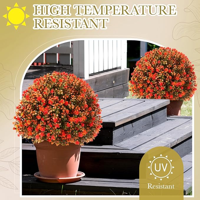Yunlly Set of 2 Artificial Boxwood Topiary Ball Tree 27" Outdoor Boxwood Balls with Flower Faux Bush UV Resistance Fake Shrub Plant with Spike for Garden Porch Patio Decor(Fall Orange,27x18inch)