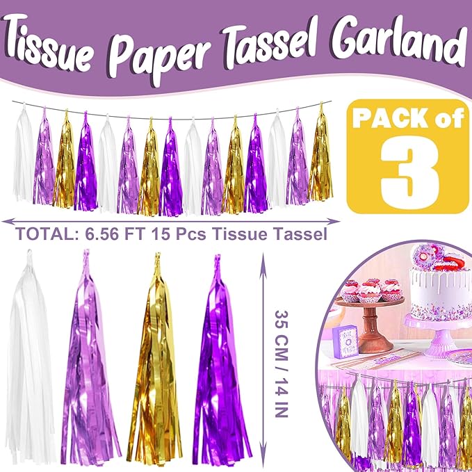 3P Purple-Gold Party Decoration Tassel Garland, Tassels Banner Streamers for Parade Floats, Bachelorette, Wedding, Birthday, Halloween, Christmas, Bridal/Baby Shower Party Decorations