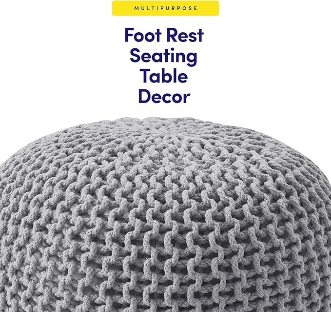 Pouf Ottoman Foot Rest Stuffed – 20” Diameter x 14” Tall Cozy Floor Pouf for Living Room, Bedroom, Nursery & More – 100% Cotton Knit Shell, EPS Bead Filled Footrest & Accent Chair, Gray