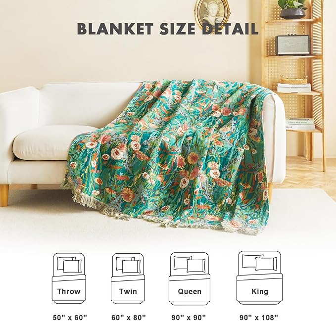 MSGKV Boho Throw Blanket for Couch Bed Chair 100% Cotton Muslin Breathable Floral Blanket 50"x60" Sofa Blankets for All Seasons Lightweight Farmhouse Blankets Boho Home Decor
