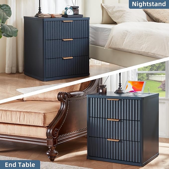 LEYAOYAO Fluted Nightstand Set of 2 with Charging Station,23" Modern Nightstand with Woodgrain Top, 3 Drawer End Table w/Storage, BedsideTables for Bedroom, Living Room, Curved Profile,Blue
