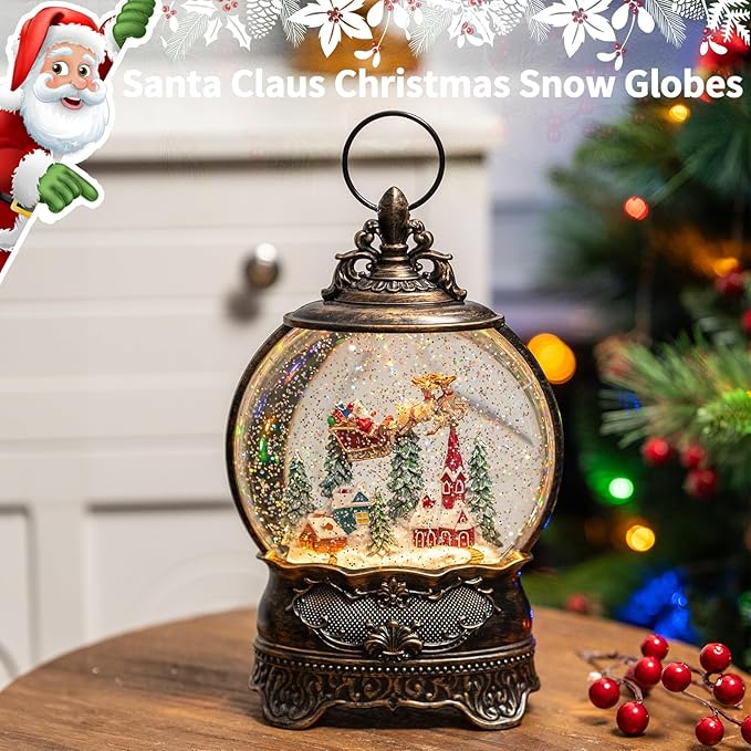 Christmas Village Snow Globe Lighted Flying Santa Scene, Musical Snow Water Lantern Swirling Glittering Home Decoration and Gift, Battery Operated or USB Powered