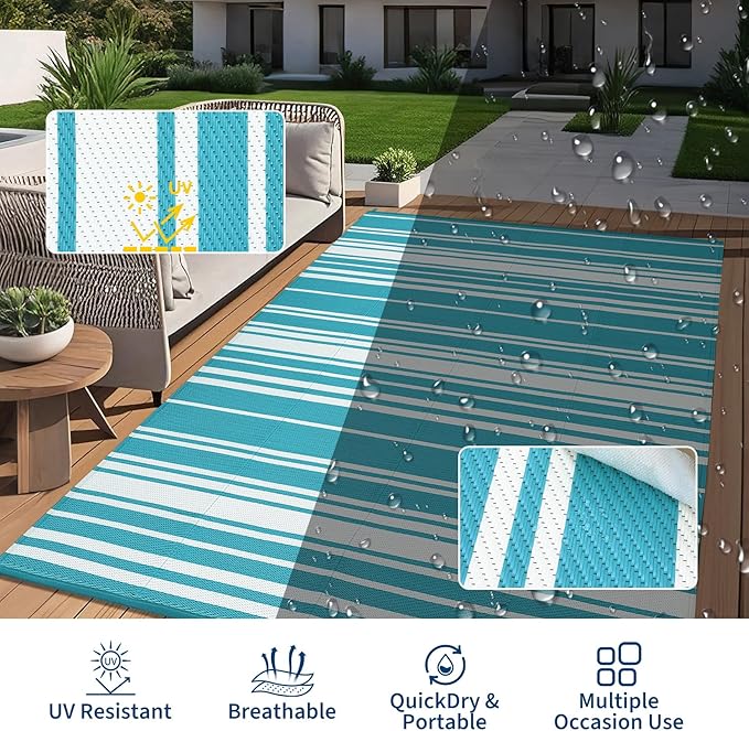 Outdoor Plastic Straw Rug 9x18 Waterproof Outside Rug, Large Modern Striped Reversible Floor Mats, Foldable & Lightweight Camping Carpet for Patio, Porch, Deck, Backyard, Balcony, Light Blue