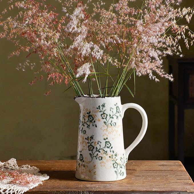 Ceramic Vintage Flower Vase with Handle, Chinoiserie Floral Pitcher Vase for Home Decor, Decorative Vases for Centerpiece Table Decorations, Green and White Vases for Living Room Kitchen Shelf Decor