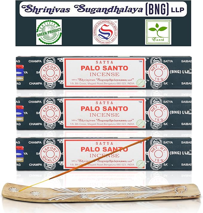 Satya Nagchampa Palo Santo Incense Sticks, Satya Bng (Bangalore) Insenses 15gmx3 Pack (45 GMS) with Raajsee Incense Holder Bundle, Satya Nagchampa Natural Incense