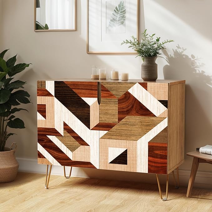 SIGNWIN Sideboard Buffet Cabinet, Kitchen Storage Cabinet with 2 Doors, Mid-Century 3D Polygon Collage Geometry, Cupboard Console Table for Dining Room - 35" L x 18" W x 29" H