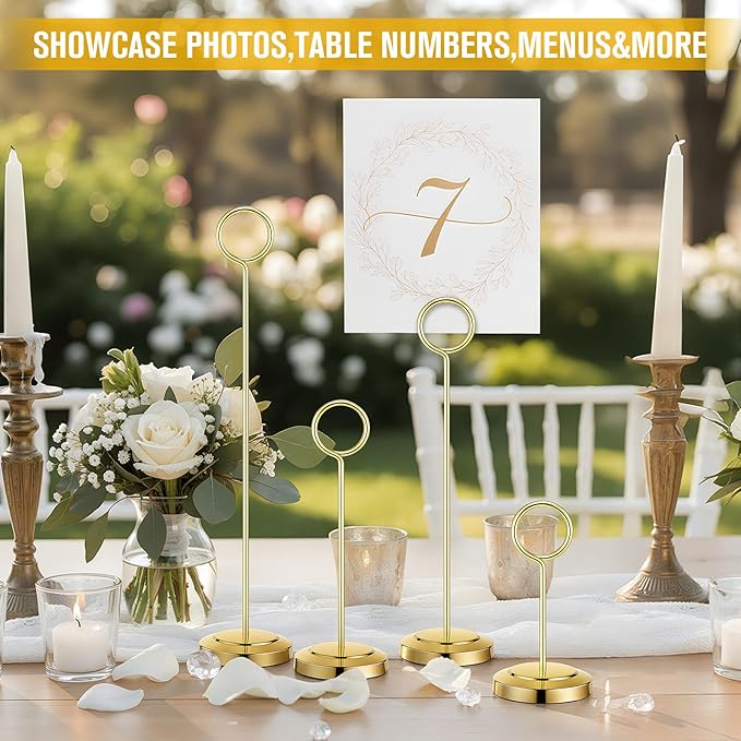 20 Pcs Table Number Holders 4/6/8/10 Inch Place Card Holder Stands Wire Photo Clips Metal Table Card Stands for Centerpieces, Photos, Food Signs, Birthdays, Weddings(Gold)