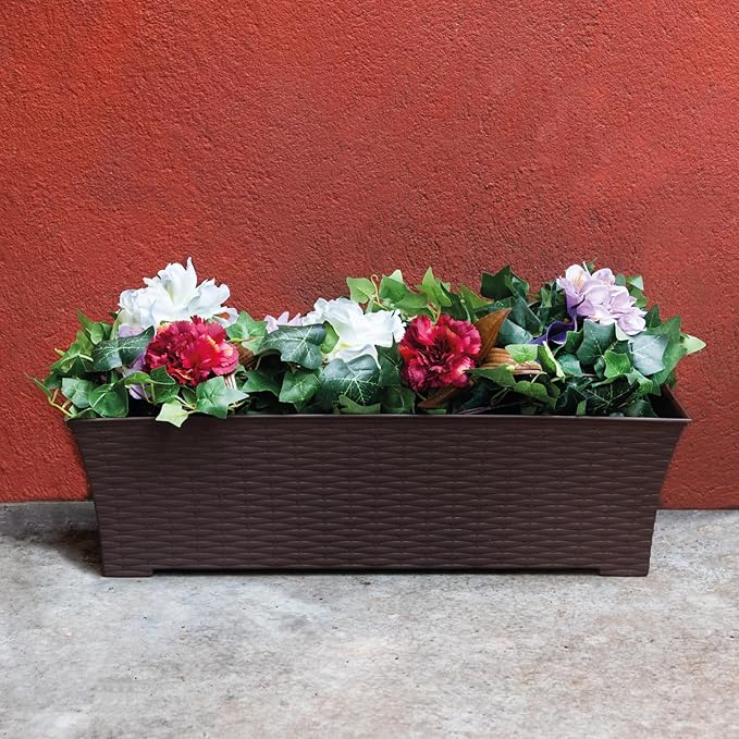Elly Décor Set of 2 24x8 Rectangular Modern, Resistant and Self Watering Planter with Rattan-Like Finish, 24", Chocolate Brown