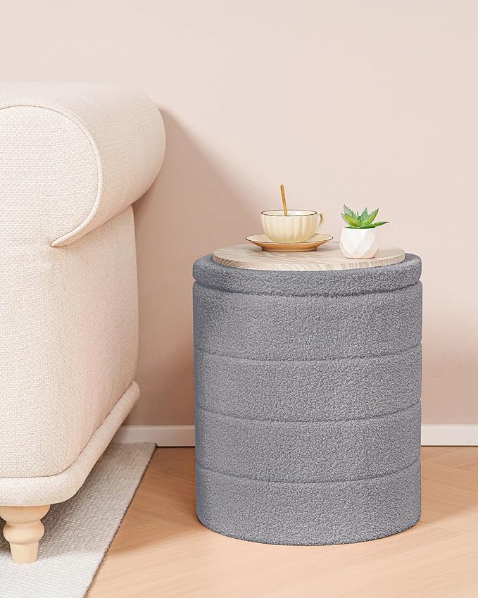 B FSOBEIIALEO Ottoman with Stroage, Round Sherpa Storage Ottoman Stool, Boucle Foot Rest 14.6"x14.6"x17.7"（Grey