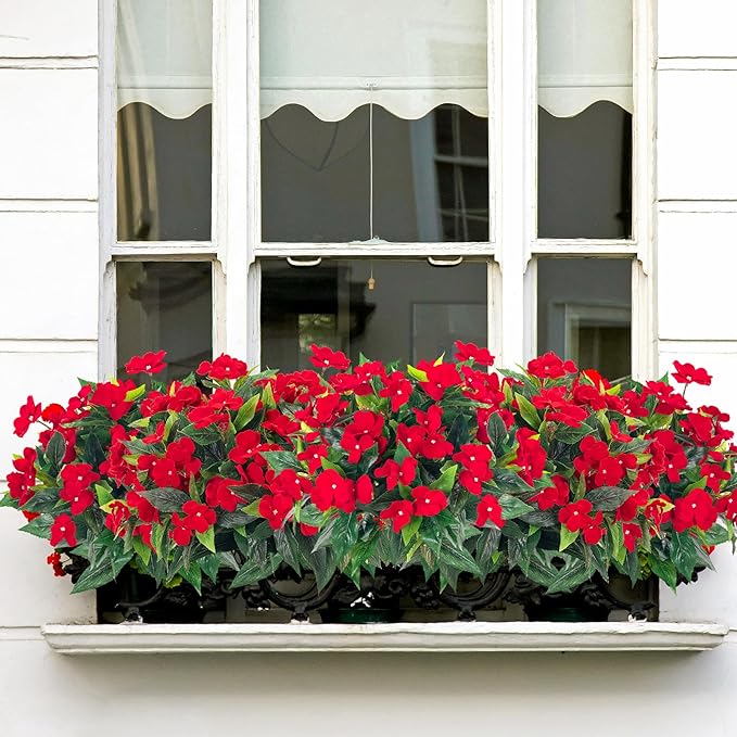 Artificial Impatiens Bouquet Flowers for Outdoors Silk Faux Flowers for Outdoor Impatiens Plants Decor Indoor Planters Kitchen Planters and Balcony Decorations 2PCS (Red)