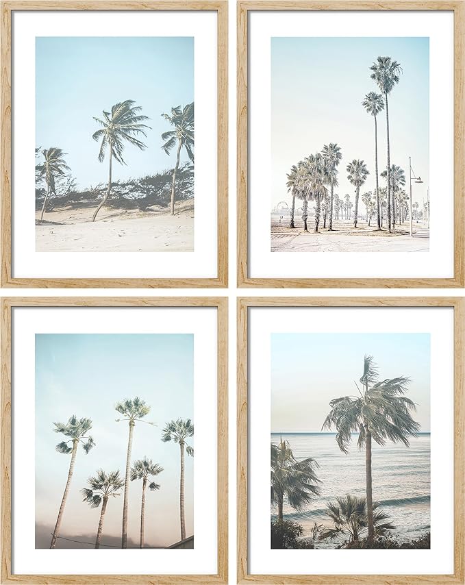 SIGNWIN Framed Washed Out Tropical Island Wall Art, Set of 4 Island Palm Tree Beach Landscapet Wall Decor Prints, Nature Wilderness Wall Décor for Living Room, Bedroom - 12"x16" Natural