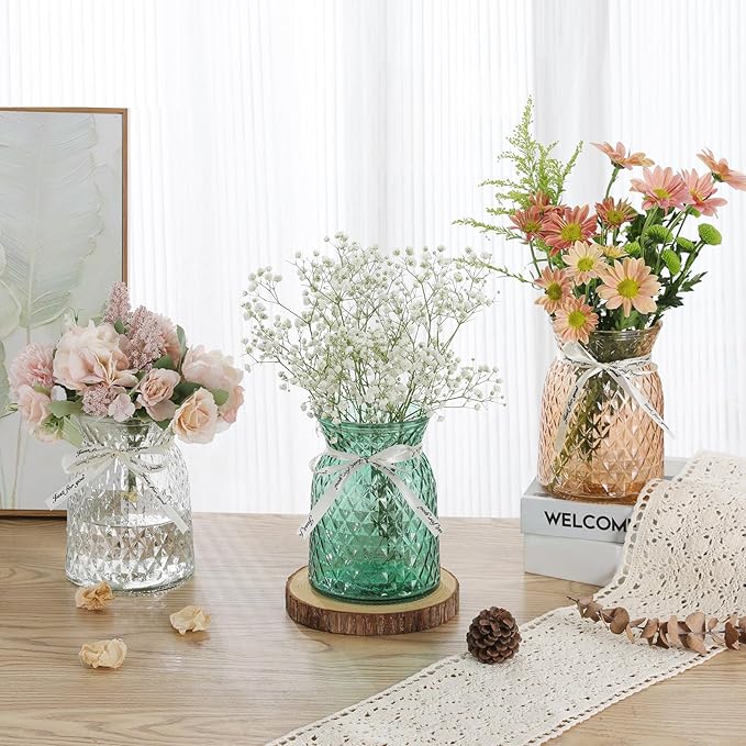 SOJOCK 2PACK Glass Flower Vases(Flowers NOT Included),6.3" High Diamond Pattern Vases,Vintage Vases for Centrepieces,Wedding Decorations,Home Table Flower Decorations