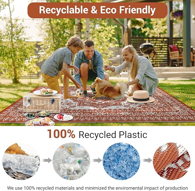 GAOMON Outdoor Rugs for Patio 8x10 Waterproof Reversible Plastic Straw Rug, Large UV-Resistant Portable RV Camping Mats, Indoor Outdoor Medallion Carpet for Outside Deck Porch Garden, Red & White