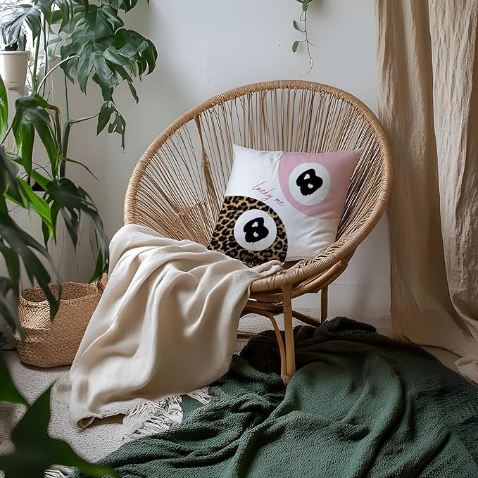 Preppy Pink Leopard Print Lucky 8 Ball Throw Pillow Covers 18x18, Cheetah Room Decor, Funky Y2K Leopard Print Decorative Pillow Covers for Girls Room Dorm Apartment