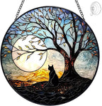 Cat with Tree of Life Suncatcher Stained Glass Window Hanging - 8” Stained Glass Suncatchers for Windows - Sun Catchers Indoor Window Catcher with Hooks and Chain - Birthday Gifts for Mom Grandma