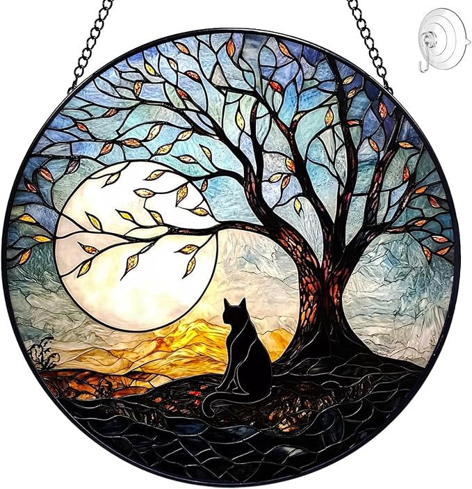 Cat with Tree of Life Suncatcher Stained Glass Window Hanging - 8” Stained Glass Suncatchers for Windows - Sun Catchers Indoor Window Catcher with Hooks and Chain - Birthday Gifts for Mom Grandma