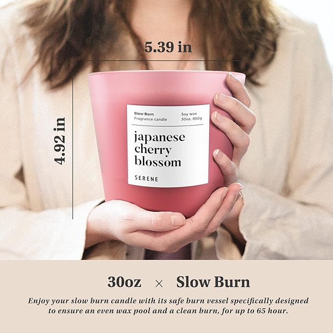 Hidden Label Large Scented Candle, Japanese Cherry Blossom, 30oz 3 Wick Huge Candle, Serene Collection Slow Burn Natural Soy Candles for Home Scented