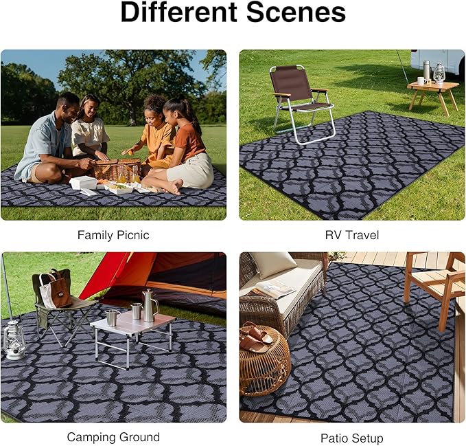 OLANLY Reversible Outdoor Rug 8x10 ft Clearance, Waterproof Outdoor Plastic Straw Rug with Interlacing Pattern, RV Mat for Patio, Camping, Balcony, Deck, Backyard, Black & Grey