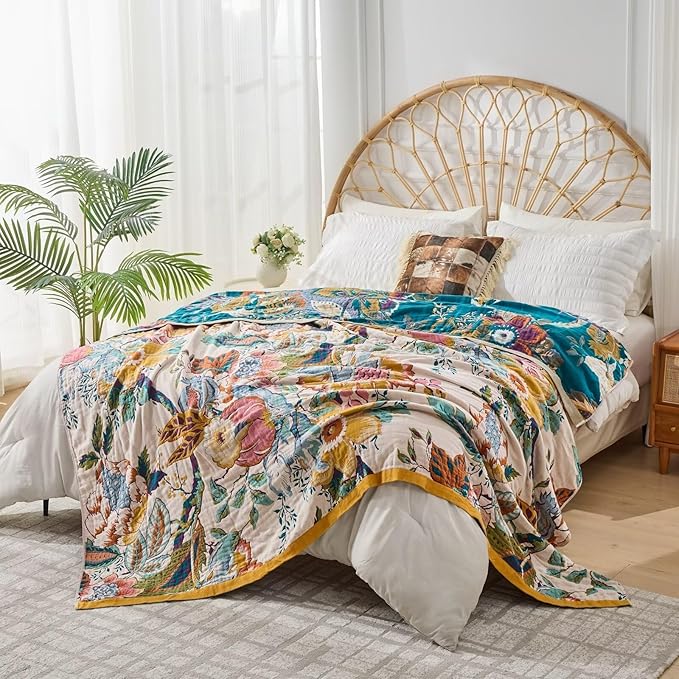 Ultra Soft Lightweight Cotton Quilts,Cozy Summer Boho Throw Blankets,Lightweight Reversible Muslin Blanket Decor Blankets for Armchair Travel, 80"x90" Large Muslin Mexican Throw Blanket