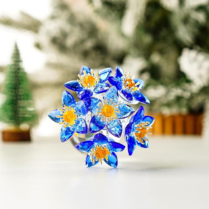 Blue Crystal Flower Figurine Collectibles Crystal Flower Christmas Ornament for Home Decor Table Centerpiece Glass Bouquet Flowers Keepsake for Women