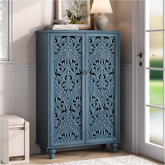 47" Tall Accent Cabinet with Doors and Shelves, Storage Cabinet with Solid Wood Legs for Living Room,Entryway,Dining Room,Bedroom,Blue