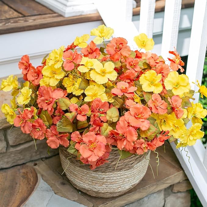 Fall Flowers Fake Flowers Mums for Outdoors Autumn Decoration, 6 Bundles Artificial Flowers Faux Silk Plants Realistic UV Resistant for Outside Planter Patio (Fall Yellow Orange)