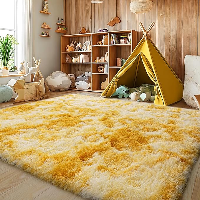 Soft Fluffy Rug for Living Room, 4x6 Tie-Dyed Yellow Shag Area Rug for Bedroom Living Room, Non-Slip Fuzzy Carpet for Girls Boys Kids, Throw Rugs for Dorm, Modern Home Decor Aesthetic
