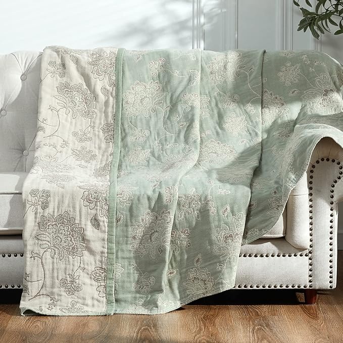 jinchan Boho 100% Cotton Muslin Twin Size 60x80 Inches Blanket Lightweight 4-Layer Quilted Soft Green and Beige Floral Throw Blanket Reversible Comfy Flower Breathable All Seasons Couch Bedroom Decor
